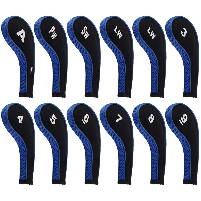 Andux 12pcs/Set Golf Iron Club Head Covers Number Print Long Neck with Zipper Black/Blue - Image 1